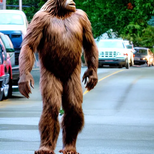 Prompt: bigfoot walking down the street in downtown Bremerton Washington