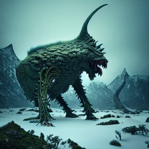 Prompt: a giant creature in a lush tundra vegetation, snow snow : : by michal karcz, daniel merriam, victo ngai and guillermo del toro : : ornate, dynamic, particulate, intricate, elegant, highly detailed, centered, artstation, smooth, sharp focus, octane render, 3 d