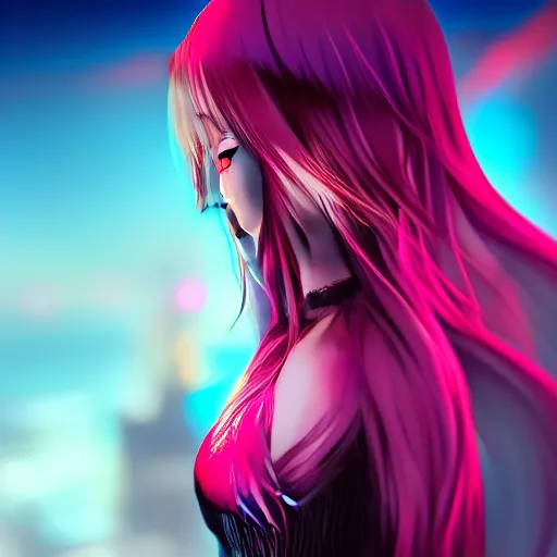 Image similar to a teenage anime android girl wearing a very high intricate detailed dress made out of water standing in a crystal clear lake with a neon lit futuristic city in the background::full body::very long black + red hair::left eye is yellow + right eye is glowing red::heterochromatic eyes::intense stare::cinematic lighting::medium shot::MCU::trending on artstation::CSP + Photoshop::WLOP + Rossdraws + James Jean + Andrei Riabovitchev + Marc Simonetti + Anastasia Ovchinnikova + Véronique Meignaud + BEN MAIER + Sakimichan