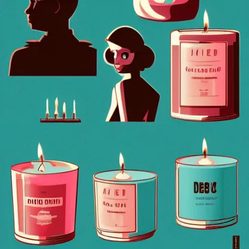 Prompt: illustration with a set of beautiful scented candles by tomer hanuka, an art deco painting by tom whalen, trending on behance, art deco, digital illustration, storybook illustration, grainy texture, flat shading, vector art, airbrush, pastel, watercolor, poster