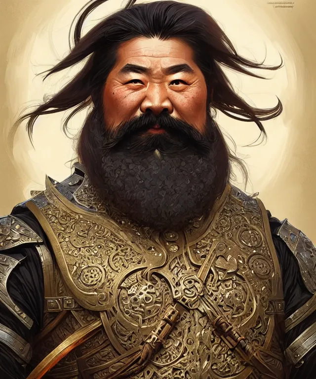 Image similar to old mongolian dwarf general portrait, armored, face, long hair, moustache, fantasy, intricate, elegant, highly detailed, digital painting, artstation, concept art, smooth, sharp focus, illustration, art by artgerm and greg rutkowski and alphonse mucha