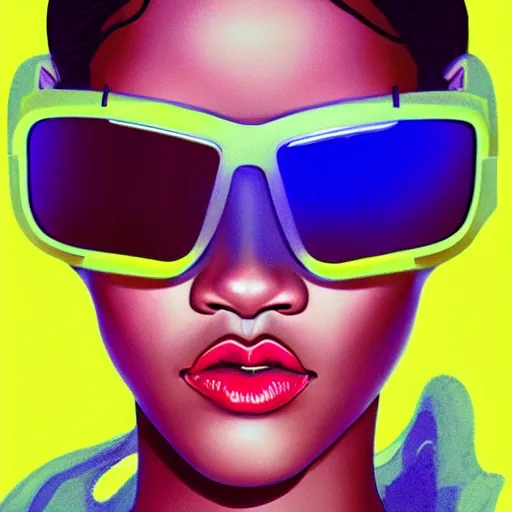 Image similar to Rihanna wearing opaque reflective goggles profile picture by Greg Rutkowski, brown skin, very long hair, dune, asymmetrical, futuristic, neon volumetric lights, cool colors, streetwear, studio ghibli, Organic Painting , Matte Painting, geometric shapes, hard edges, street art, trending on the artstation, fantasy LUT, realistic by Sachin Teng + Martin Grip + Moebius + Patrick Gleason, smooth, sharp focus, illustration, art by John Collier and Albert Aublet and Krenz Cushart and Artem Demura and Alphonse Mucha, techwear, Industrial Scifi, detailed illustration, character portrait,