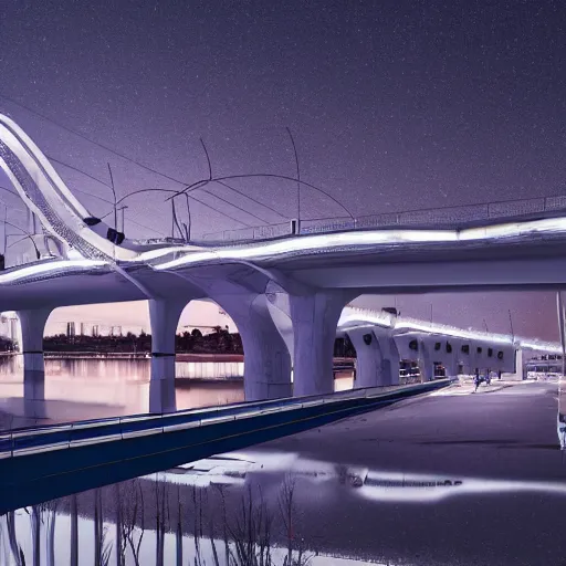 Prompt: futuristic provencher bridge in winnipeg manitoba, victor einrich, gregory crewdson, ian mcque, liam wong, simon stalenhag,