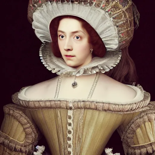 Image similar to 1 7 th century duchess, wow 4 k detail fantasy, cgsociety, matte painting, realistic materials, photo realistic, postprocessing, cinematic, hyperrealistic, studio lighting, ekaterina, the tudors, photography by richard jenkins