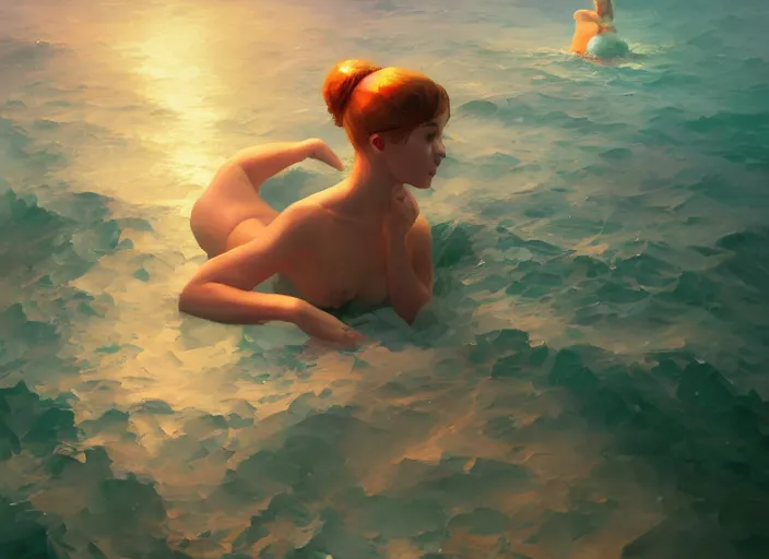 Image similar to gorgeous inspiring girl swimming through rough sea of kittens Mandelbrot fractal by Craig Mullins, ilya kuvshinov, krenz cushart, artgerm trending on artstation by Edward Hopper and Dan Mumford and WLOP and Rutkovsky, Unreal Engine 5, Lumen, Nanite, low poly