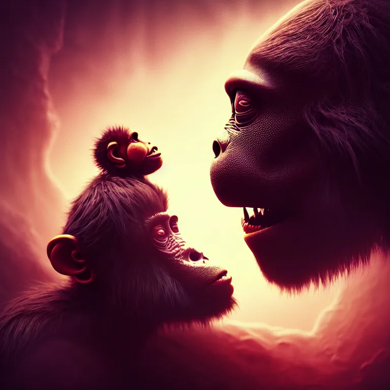 Prompt: closeup portrait of alien kissing monkey, lucid dream - like heavy atmosphere, baroque painting, harsh flash photo, perfect composition, detailed octane render trending on artstation, 8 k artistic photography, volumetric cinematic perfect light, chiaroscuro, masterpiece, raphael, caravaggio, beksinski, rutkowski, beeple