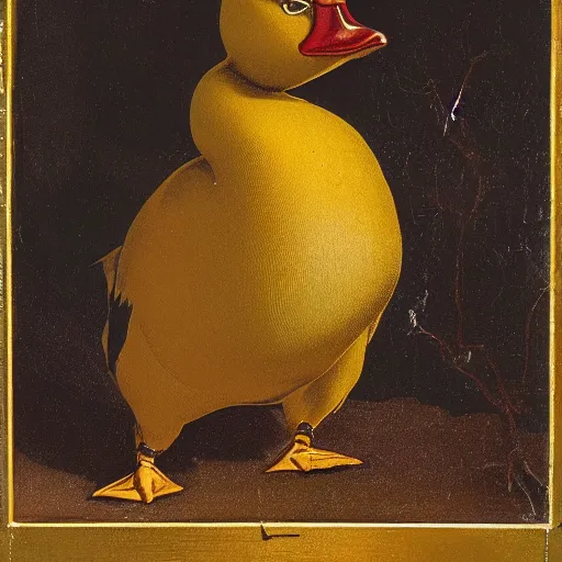 Prompt: a portrait of a golden duck as a italian villain