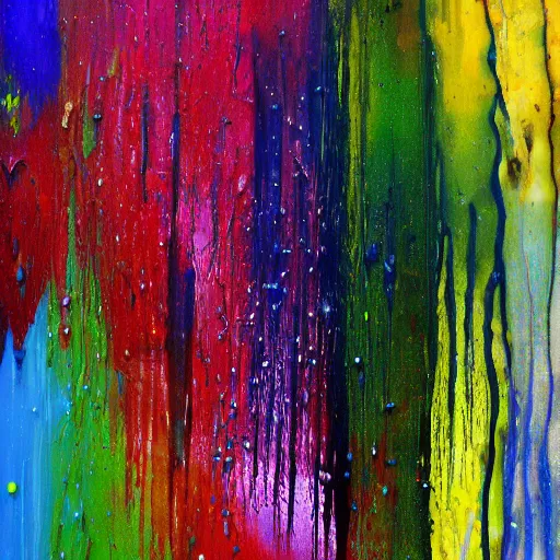 Image similar to flecks of paint lush & immense density long strands of drips in all directions splatters of mixed pigments with solid color inside.