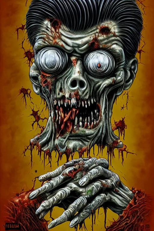 Prompt: undead ronald reagan zombie, punk rock poster, artwork by naoto hattori