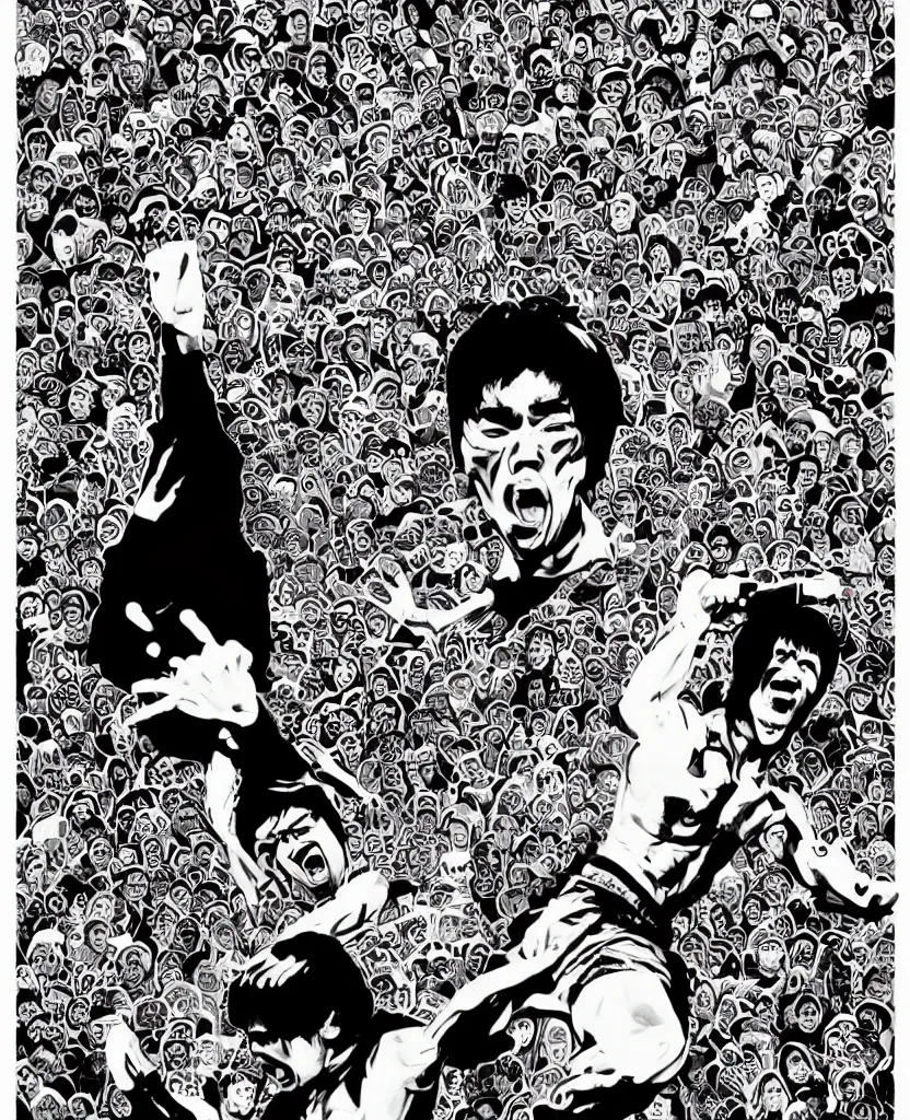 Prompt: a portrait of a screaming bruce lee by mcbess and shepard fairey and lisa frank