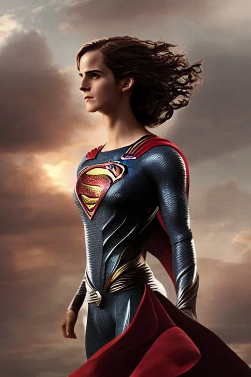 Image similar to a fancy close up of Man of Steel cast as Emma Watson by Greg Rutkowski, full body shot