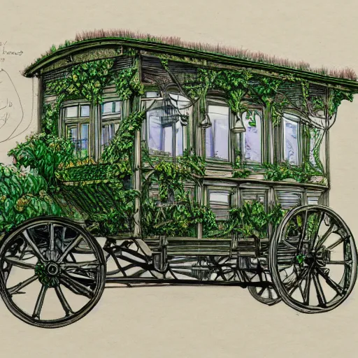 Image similar to annotated highly, detailed and intricate, sketch of a carriage cabin full of green plants, marker concept art style rendering, concept art, half blueprint, trending on artstation, intricate details, center frame, annotations