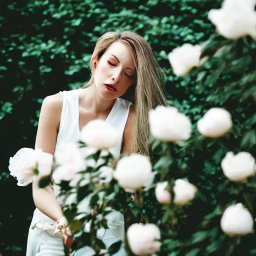 Prompt: a woman dressed in white, standing in a white rose garden, peony petals in the breeze, vivid lighting, professional photography