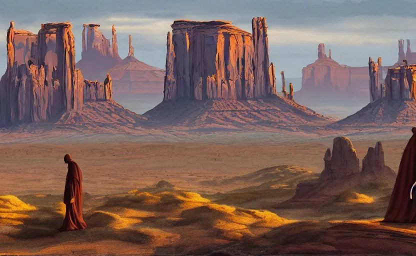 Image similar to a hyperrealist watercolor concept art of a medieval monk in grey robes in monument valley with futuristic cities on each rock formation. golden hour. very muted colors, by rebecca guay, michael kaluta, charles vess. high detail, hq, wide shot, 4 k