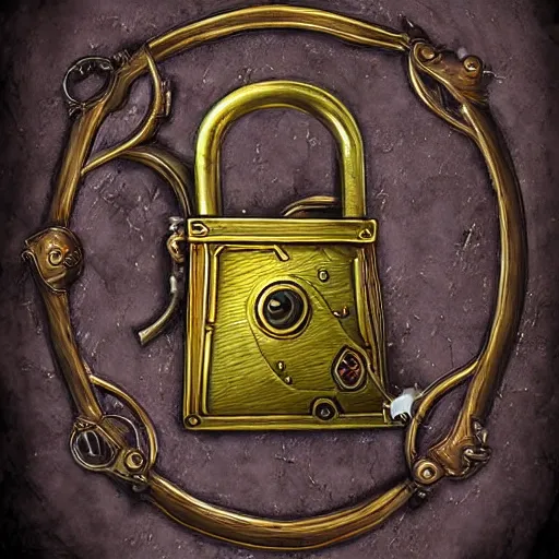 Prompt: a steampunk keyed padlock 🔒 🔑, fantasy digital art, magical background in the style of hearthstone artwork