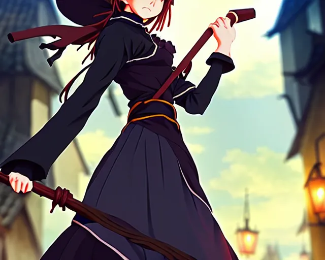 Image similar to key anime visual portrait of a young female witch walking through a busy medieval village, dynamic pose, dynamic perspective, cinematic, dramatic lighting, detailed silhouette, anime proportions, perfect anime face