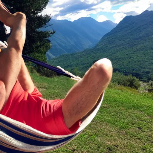 Image similar to my older italian wise friend on a hammock, reading new book, gravity is strong, he is very relaxed, muscular legs, bouncy belly, mountains in a background