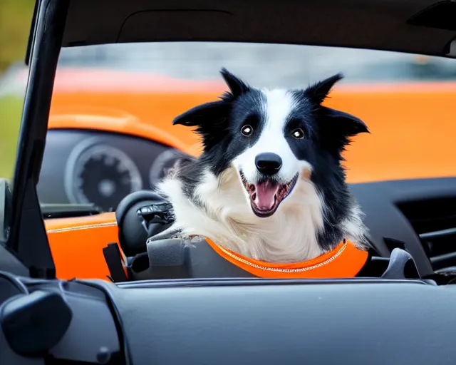 Prompt: border collie dog in the driver's seat of an orange nissan note, rally driving photo, award winning photo, golden hour, perfect composition