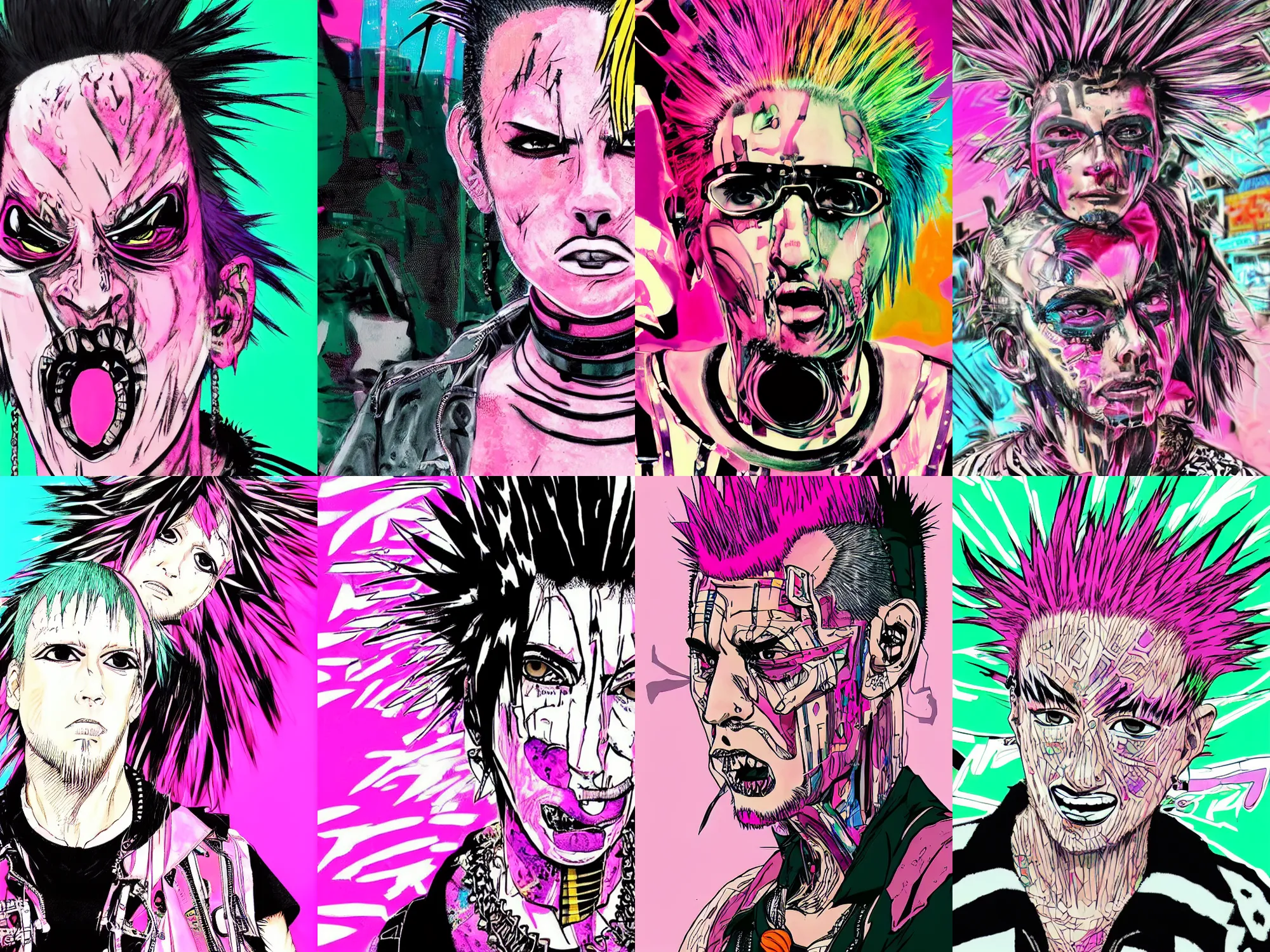 Prompt: closeup portrait of punk with pink mohawk and goatee with bags under eyes in a blend of manga - style art, augmented with vibrant composition and color, all filtered through a cybernetic lens, by hiroyuki mitsume - takahashi and noriyoshi ohrai and annie leibovitz, dynamic lighting, flashy modern background with black stripes