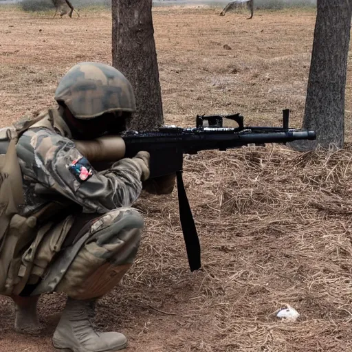 Prompt: photograph of a black Kangaroo spying in a dense, military animal, machine gun