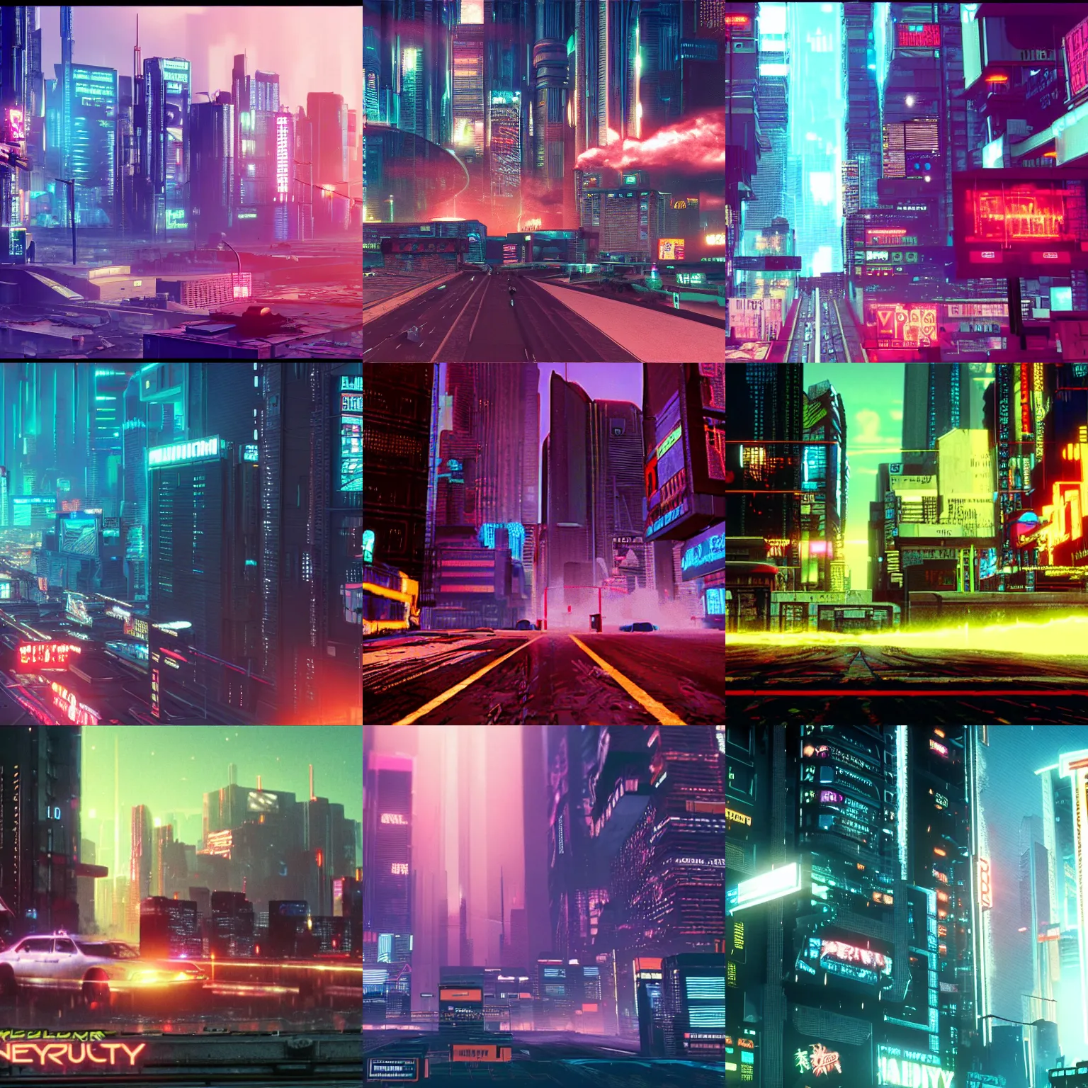 Prompt: vhs screenshot of cyberpunk city dystopian