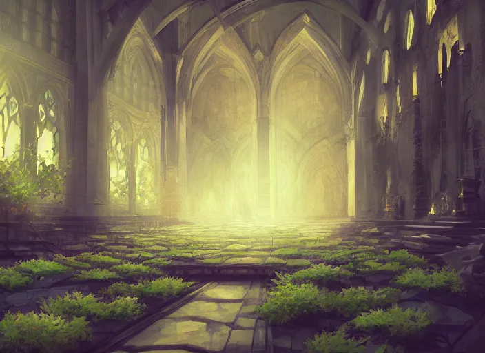 Image similar to anime background clean neat clarity professional visual development set design, large gothic hall, sparse plants, dim painterly lighting volumetric aquatics, impasto, trending on pixiv