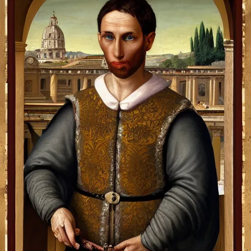 Image similar to Jerma985 in Ancient Rome, detailed, highly detailed, heroic, epic, complex, very detailed, realistic, HD quality, 8k resolution, body and headshot, Oil Painting, Italian Renaissance Painting of Jerma985, Italian Renaissance Painting Style, Renaissance Painting Style, Painting, Trending on Artstation