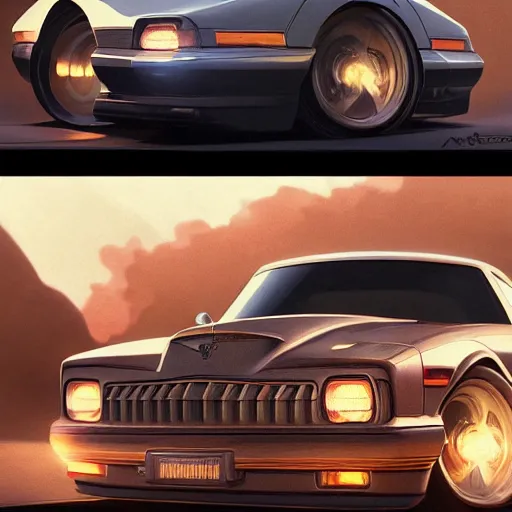 Prompt: detailed intricate digital illustration by greg rutkowski and artgerm and wlop and sanford robinson gifford ; 1 9 9 4 vehicle, 1 3 mm film, closeup view ; bright, vintage headlights and 1 9 9 0 s design ; sharp focus, depth of field, front angle shot, head on