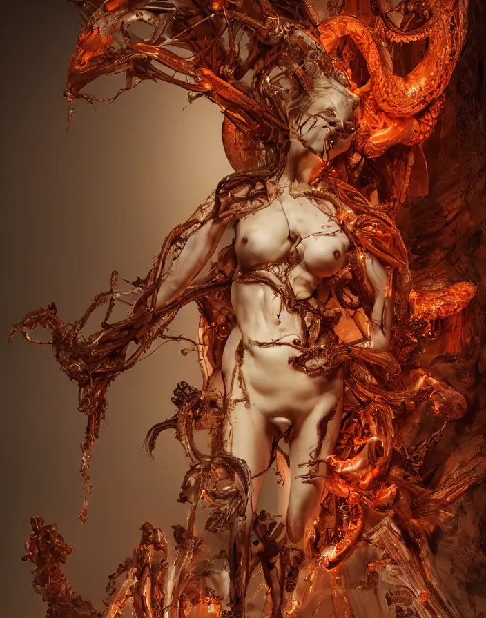 Prompt: biomechanical wear dress of a demon by Roberto Ferri. beautiful woman. vintage bulb. red plastic. baroque elements, human skull, jellyfish, butterfly, phoenix head. burning water. intricate artwork by Katsuya Terada. halo. octane render, cinematic, hyper realism, octane render, 8k, depth of field, bokeh. iridescent accents. vibrant. teal and gold and red colour scheme