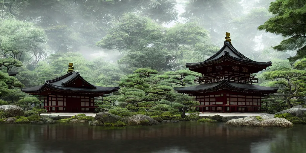 Prompt: a ancient japanese temple in the middle of a forest mear a small river, extremely highly detailed, high quality, 8K HDR, octane render, unreal engine 5, hyperrealistic, concept art, trending on Artstation, fancy lighting, cinematic, high coherence, path tracing, ruins, clouds in the sky, singular building, centered, sakura trees