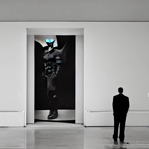 Image similar to Batman standing in giant Italian modern castle living room, clean minimalist design, that is 1300 feet tall, with very tall giant walls filled with modern art paintings, doors that are cosmic portals, photo by Annie Leibovitz