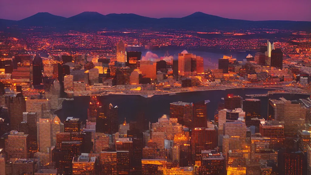 Image similar to an apocalyptic Pittsburgh, medium format photography taken from Mount Washington, Fuji velvia, 4k, golden hour