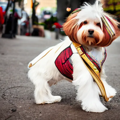 Prompt: a cream-colored Havanese dog dressed as a mariachi Singer, Leica 35mm, 4K