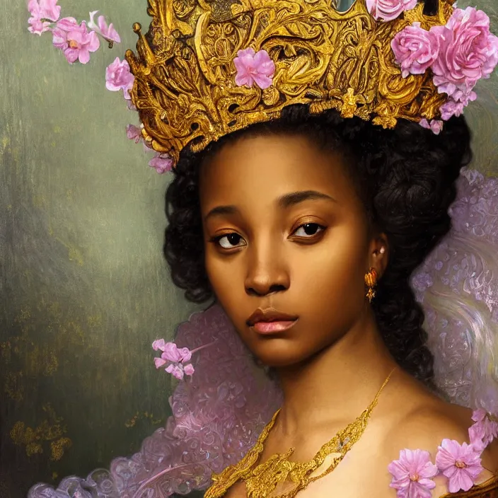 Image similar to highly detailed venetian rococo portrait of a black princess wearing a crown, golden jewels, pastel flowery background, volumetric lighting, flowers, fantasy, realistic, symmetrical face, digital illustration, art by krenz cushart, alphonse mucha, kehinde wiley, artem demura