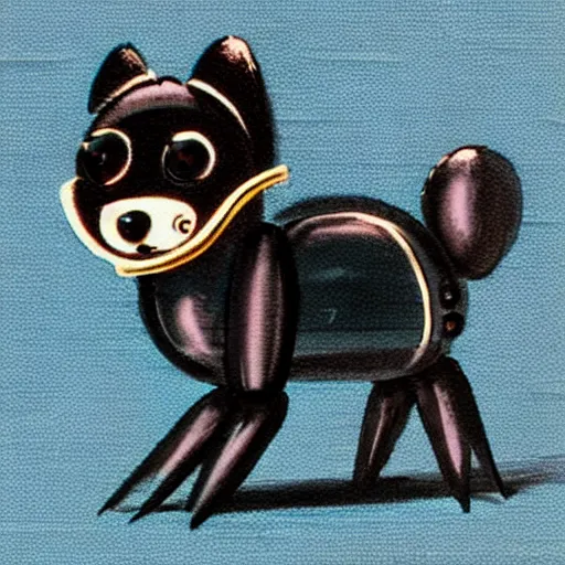 Image similar to a cute retro black pomeranian robot!!!!!! ( ( ( alcohol ink on parchment, muted colors, shading!!!, detailed, textured parchment background, 1 9 5 0 s concept art ) ) )