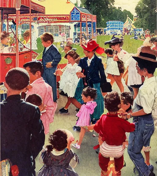 Prompt: kids wandering through a carnival, all ignoring the rides and playing on their phones instead, by Norman Rockwell 🖼-W 1024