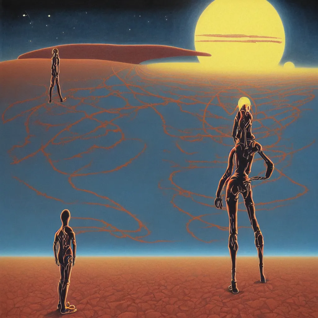 Prompt: high detailed lone person looking to its dying planet on a progressive rock 70s 80s album cover style by Barry Godber, oil paint on canvas, moebius, incal, realistic art, evangelion third impact inspired, dune, pulp magazines cover art, Eliran Kantor, sand and desert environment, Eloy band, cinematic, unreal engine, high quality, eerily beautiful, cgsociety, 4K, UHD, Zdzisław Beksiński, by George Caleb Bingham and Donato Giancola and Bob Eggleton, trending on ArtStation