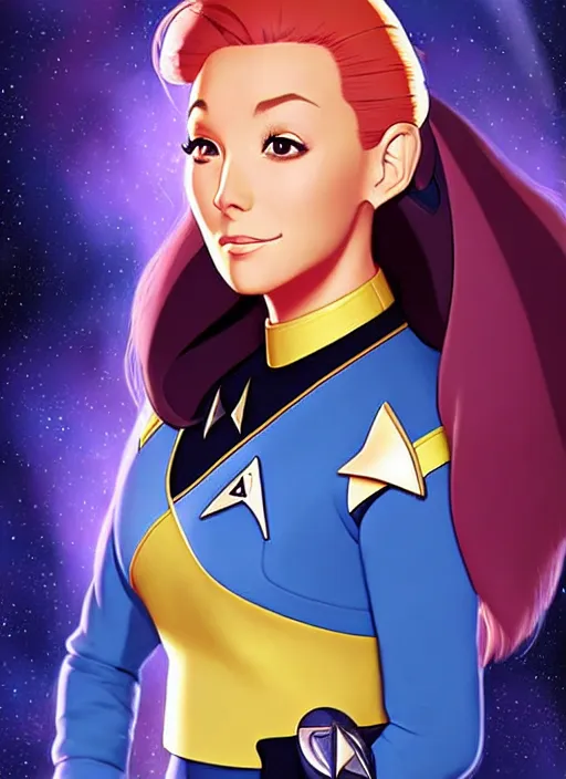 Prompt: cute star trek officer cher, natural lighting, path traced, highly detailed, high quality, digital painting, by don bluth and ross tran and studio ghibli and alphonse mucha, artgerm