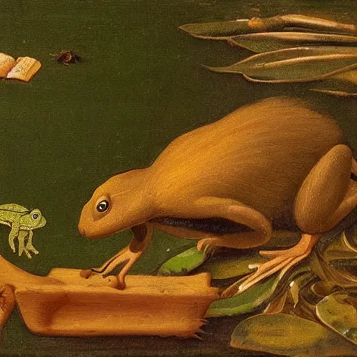 Image similar to “ beaver eating a frog, renaissance painting ”