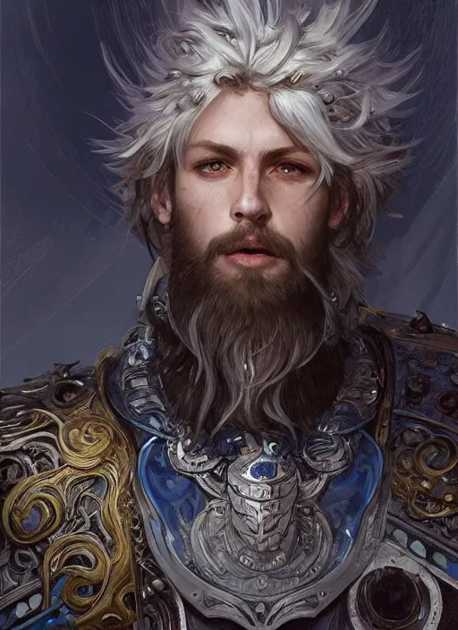 Image similar to A Human Male Paladin, detailed face, glowing white eyes, blue flames surrounding, shaggy hair, scruffy beard, medium armor, wings, fantasy, intricate, elegant, highly detailed, digital painting, artstation, concept art, smooth, sharp focus, illustration, art by Krenz Cushart and Artem Demura and alphonse mucha