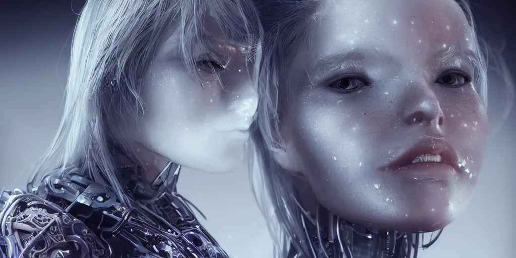 Prompt: hyper realistic photography, beautiful cyborg female, intimate holding close, in the style jin kagetsu, wlop, highly detailed, intricate filigree, symmetry, masterpiece, concept art, highkey lighting, ambient lighting, octane render, 8 k, artstation
