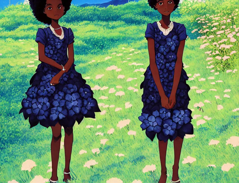 Prompt: black - skinned princess of the hydrangea mountains, wearing a lovely dress. this gouache painting by the award - winning mangaka has an interesting color scheme, plenty of details and impeccable lighting.