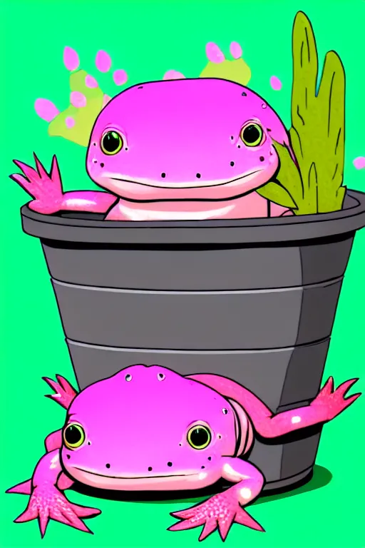 Prompt: pink axolotl in a bucket with a smaller lizard on its head, cartoon, cute, trending on artstation, digital art