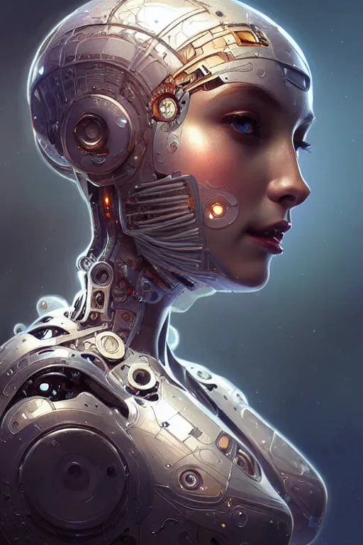 Image similar to beautiful female mechanical android!, half portrait, intricate detailed environment, photorealistic!, intricate, elegant, highly detailed, digital painting, artstation, concept art, smooth, sharp focus, illustration, art by artgerm and greg rutkowski and alphonse mucha