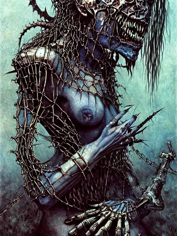 Image similar to A creepy armored horned fanged demon woman with blue scarred skin wrapped in barbed wire. Extremely high detail, realistic, fantasy art, solo, bones, masterpiece, saturated colors, art by Zdzisław Beksiński, Arthur Rackham, Dariusz Zawadzki