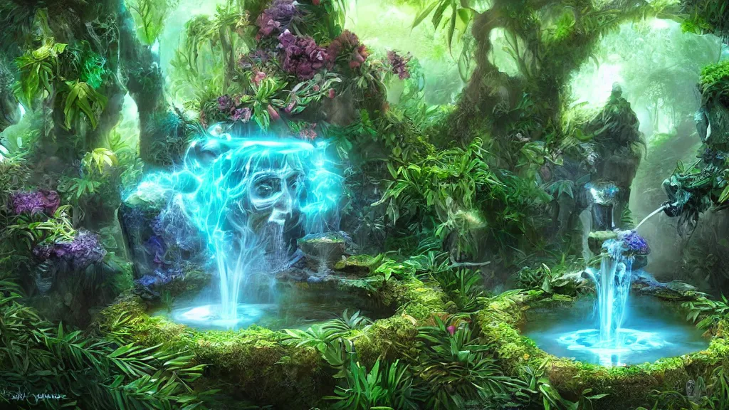 Prompt: immortality fountain, well, in the jungle. bloom, blue green lighting. fantasy, digital painting, hd, highly detailed.