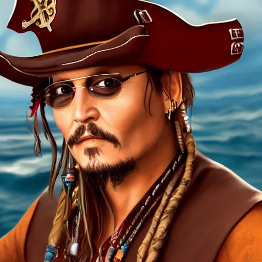 Image similar to Johnny Depp in a pirate costume sailing on a pontoon, cinematic,hyperrealistic, high detalied, high quality, digital art, artstation, 8k,