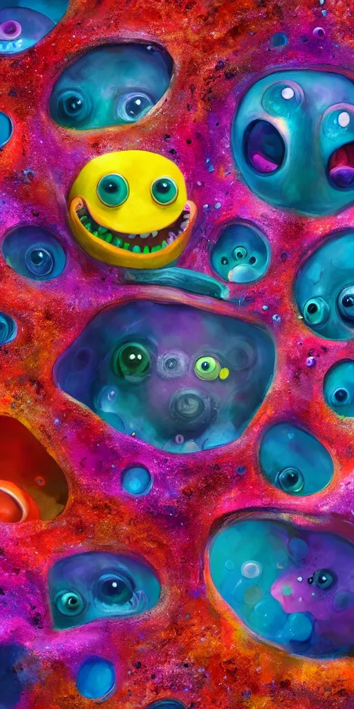 Prompt: of a colorful deep sea crater with strange cute blobby happy creatures with huge eyes, mouth, long tongue and round teeth appearing from smokey background, in the style of gehry and gaudi, macro lens, shallow depth of field, ultra detailed, digital painting, trending artstation, concept art, illustration, cinematic lighting, photorealism, epic, octane render