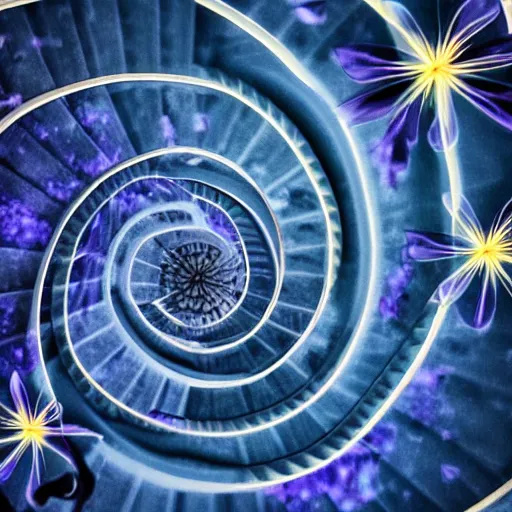 Image similar to a spiral stairway of flowing ethereal water from sky, stairway beautified with flowers, realistic, dusk, starry sky, hd, fantasy, 4 k