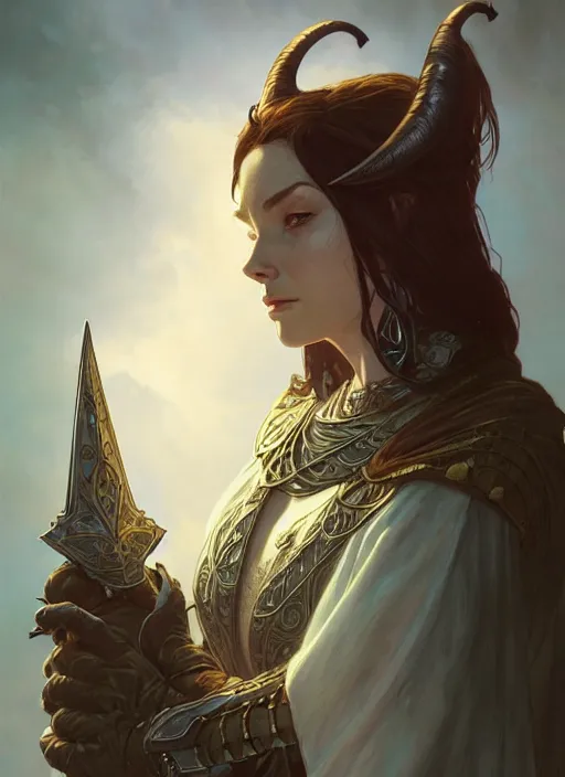 Prompt: an evocative portrait of a female tiefling paladin, d & d, fantasy, tone mapped, intricate, cinematic lighting, highly detailed, digital painting, artstation, concept art, smooth, sharp focus, illustration, art by terry moore and greg rutkowski and alphonse mucha